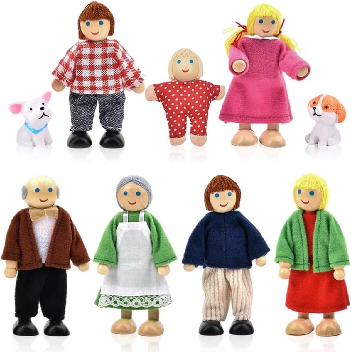 Houten poppenhuis met poppenfamilie, buigzame figuren en accessoires voor kinderen - Speelgoedset voor creatief spel en fantasieontwikkeling