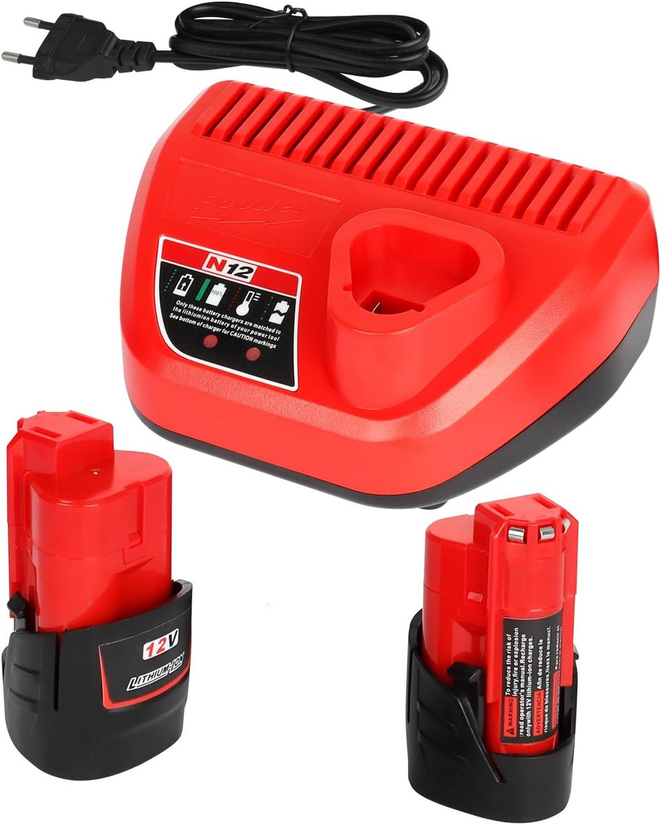 SnelShoppen - 2x M12 12V 3.0Ah Vervangende Lithium Ion Batterijen en 1 Oplader Starter Kit Geschikt voor 12V Accu Gereedschap - Ideaal voor Klussen en