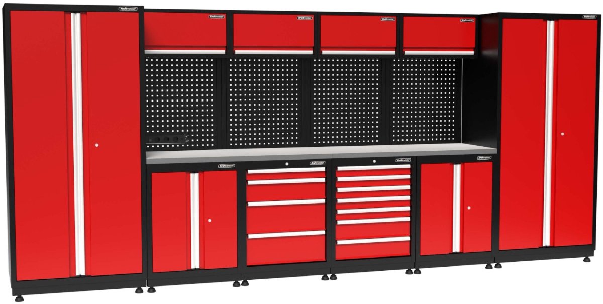 Kraftmeister werkplaatsinrichting - Werkbank met 4 wandkasten, 2 werkplaatskasten en RVS werkblad - Werktafel met 11 laden, 2 opbergkasten en gereedschapswand - Complete set voor werkplaats of garage - Rood