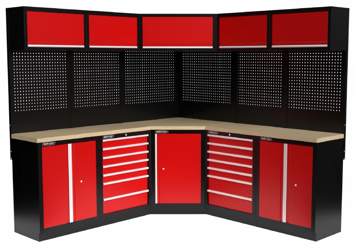 Kraftmeister werkplaatsinrichting - Werkbank met 5 wandkasten, 2 opbergkasten en multiplex werkblad - Werktafel met 10 laden en gereedschapswand - Complete set voor werkplaats of garage - Rood