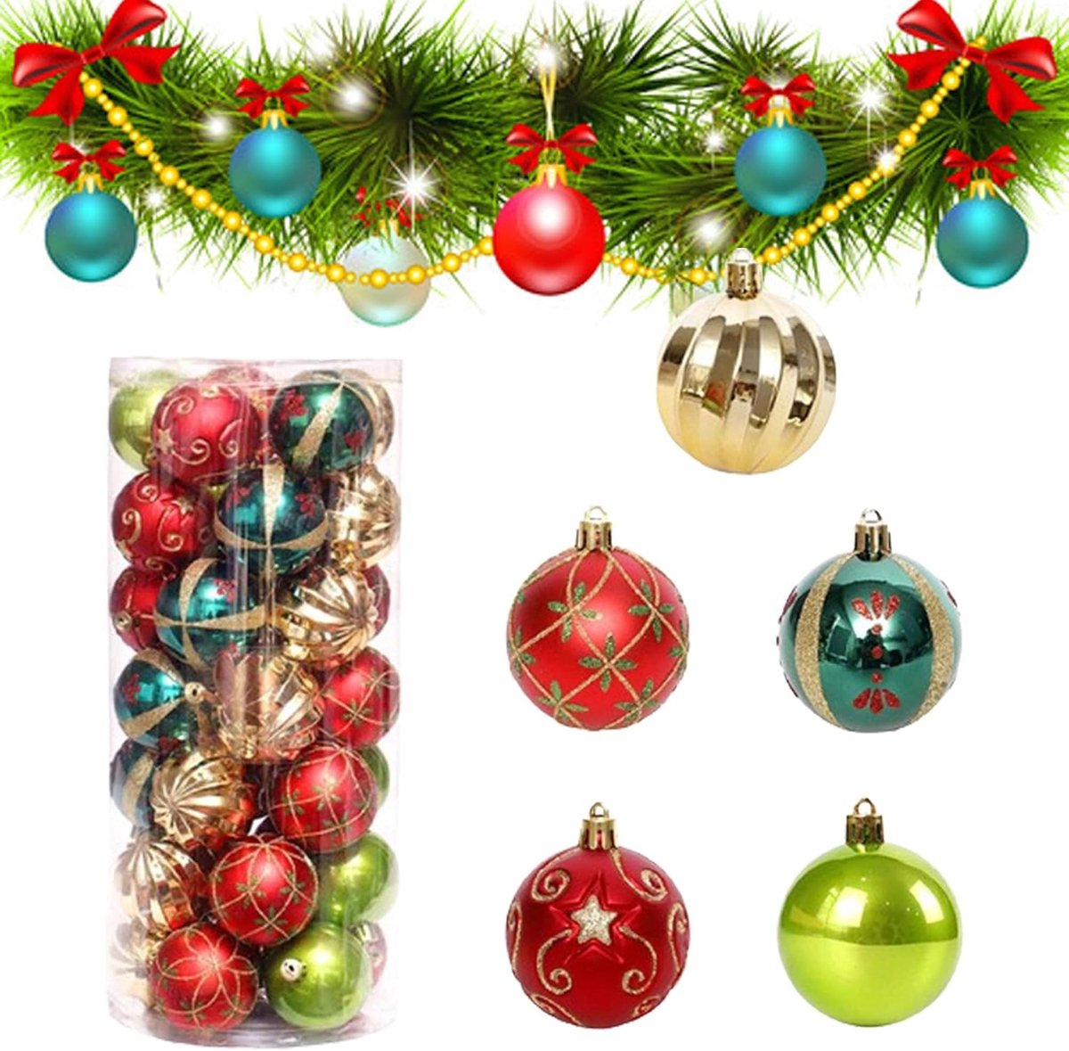 Set van 30 Plastic Kerstballen 6 cm - Decoraties voor Kerstboom, Bruiloft en Verjaardagsfeest (Rood, Groen en Goud) - Perfecte Versiering voor Feestdagen