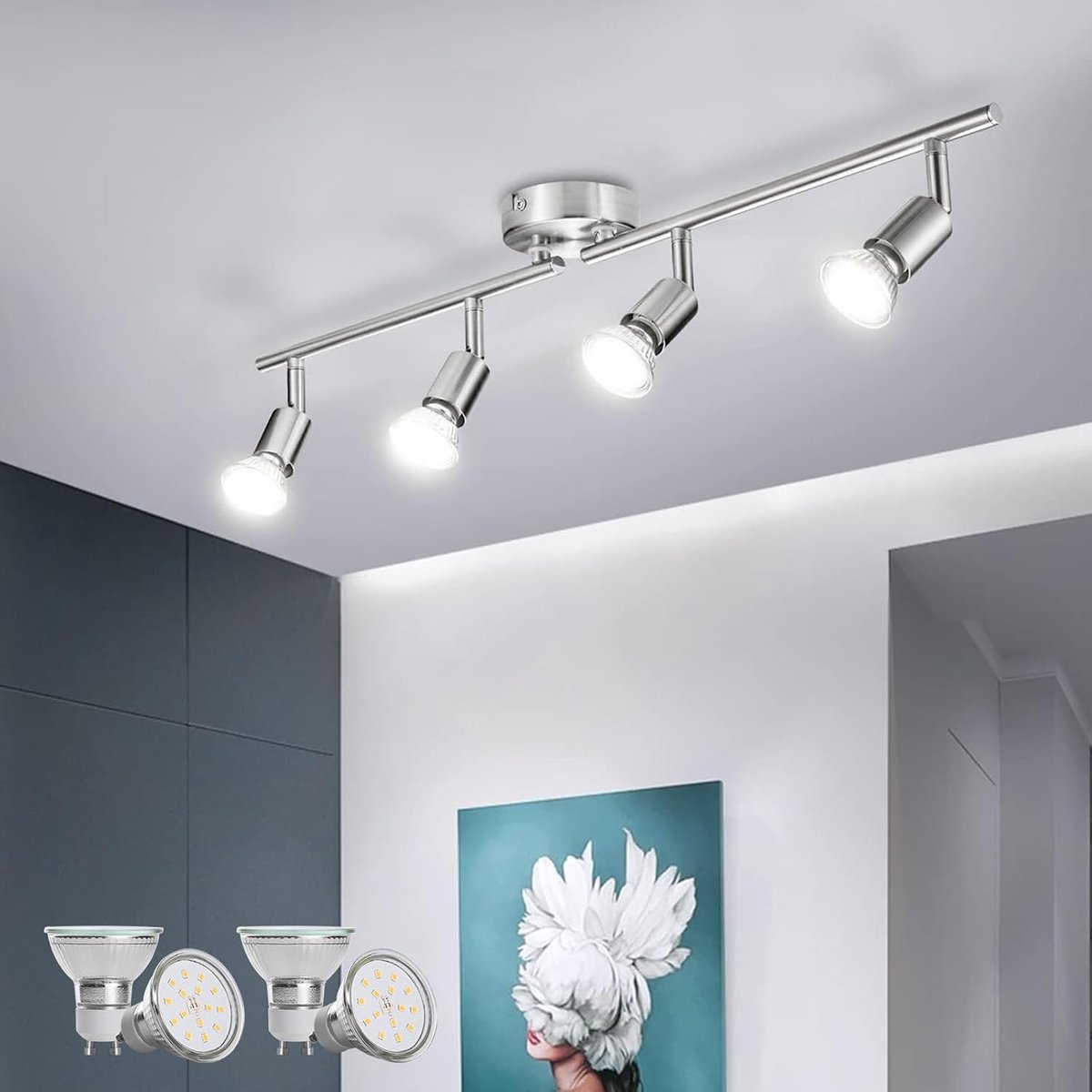 Moderne LED Plafondlamp met 4 GU10 Spots in Mat Nikkel voor Keuken, Woonkamer en Kantoor, Neutraal Wit Licht