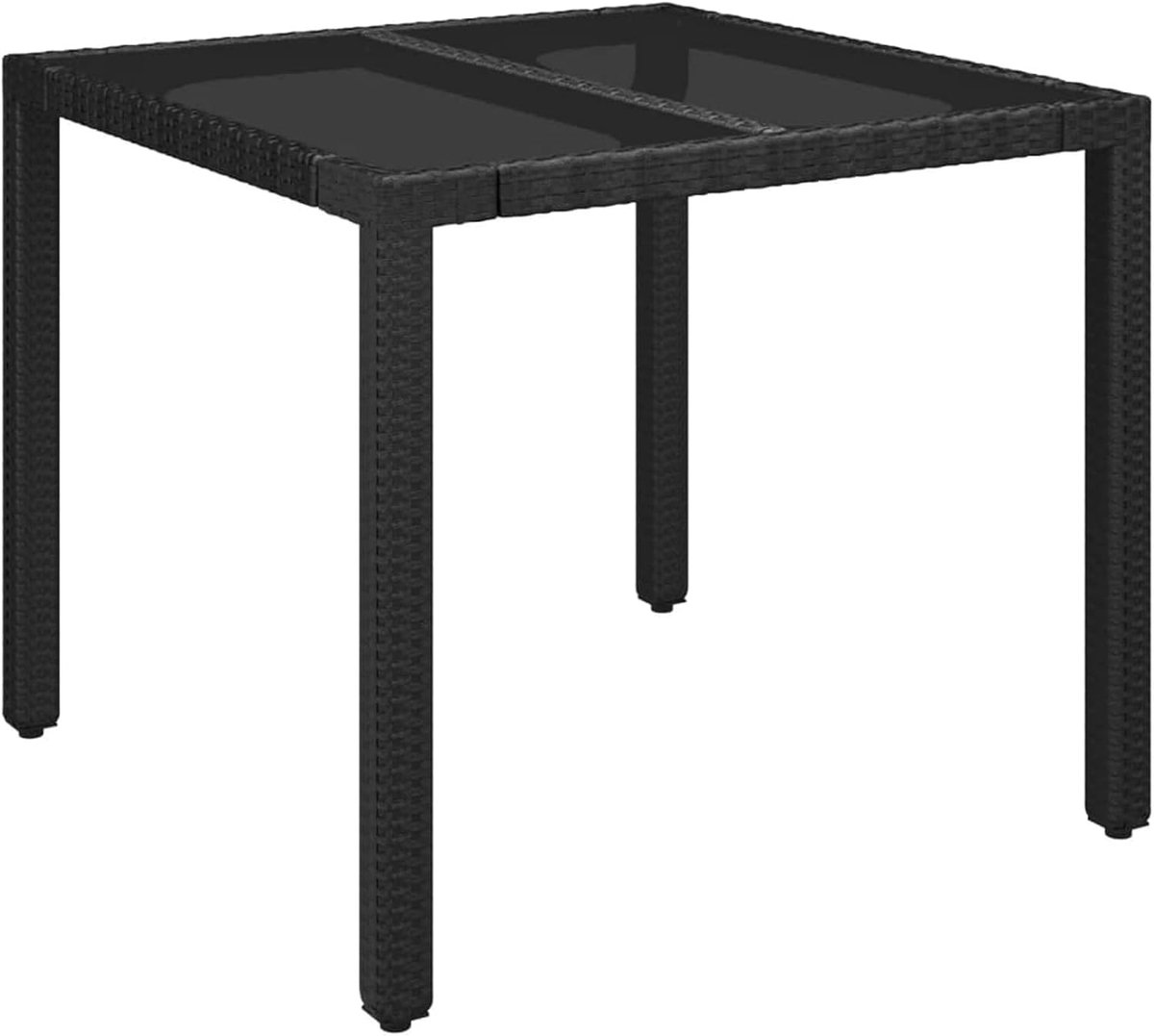 Tafel, eetkamer, tuin, buiten, van polyrotan van zwart glas, 90 x 90 x 75 cm, tuintafel van rotan en glas, buitentafel van rotan en glas, tuintafel van glas