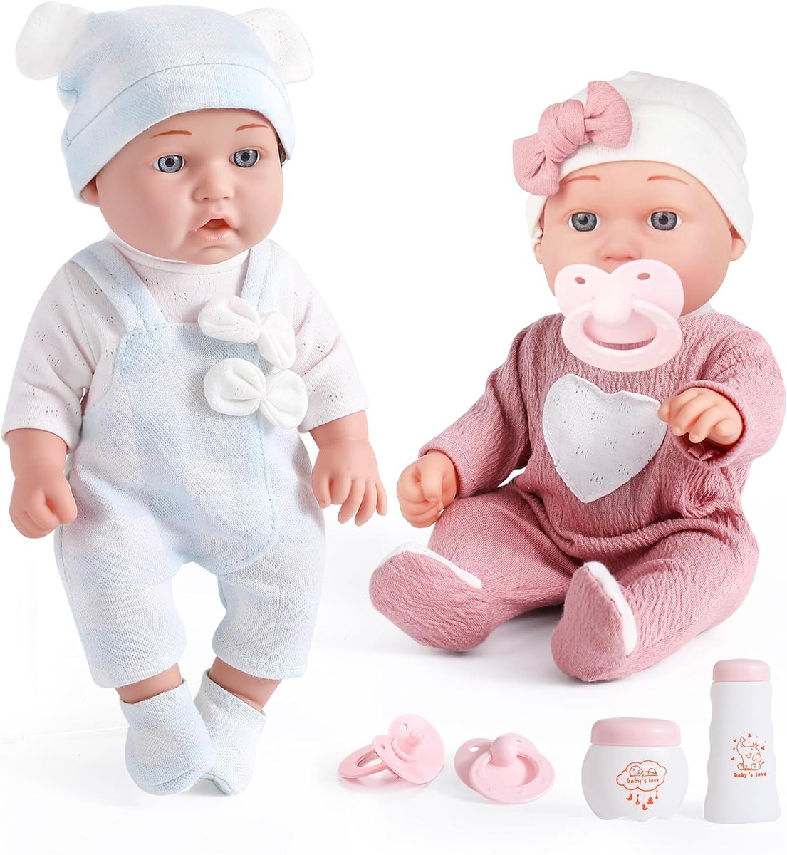 30 cm Realistische Tweeling Babypoppen met Kleertjes en Fopspeen, Jongen en Meisje Babypoppen Speelgoed Set voor kleine meisjes jaar | Realistische tweelingpop speelset met accessoires: kleding & fopspeen. Ideaal voor peuters, jongens en meisjes jaar