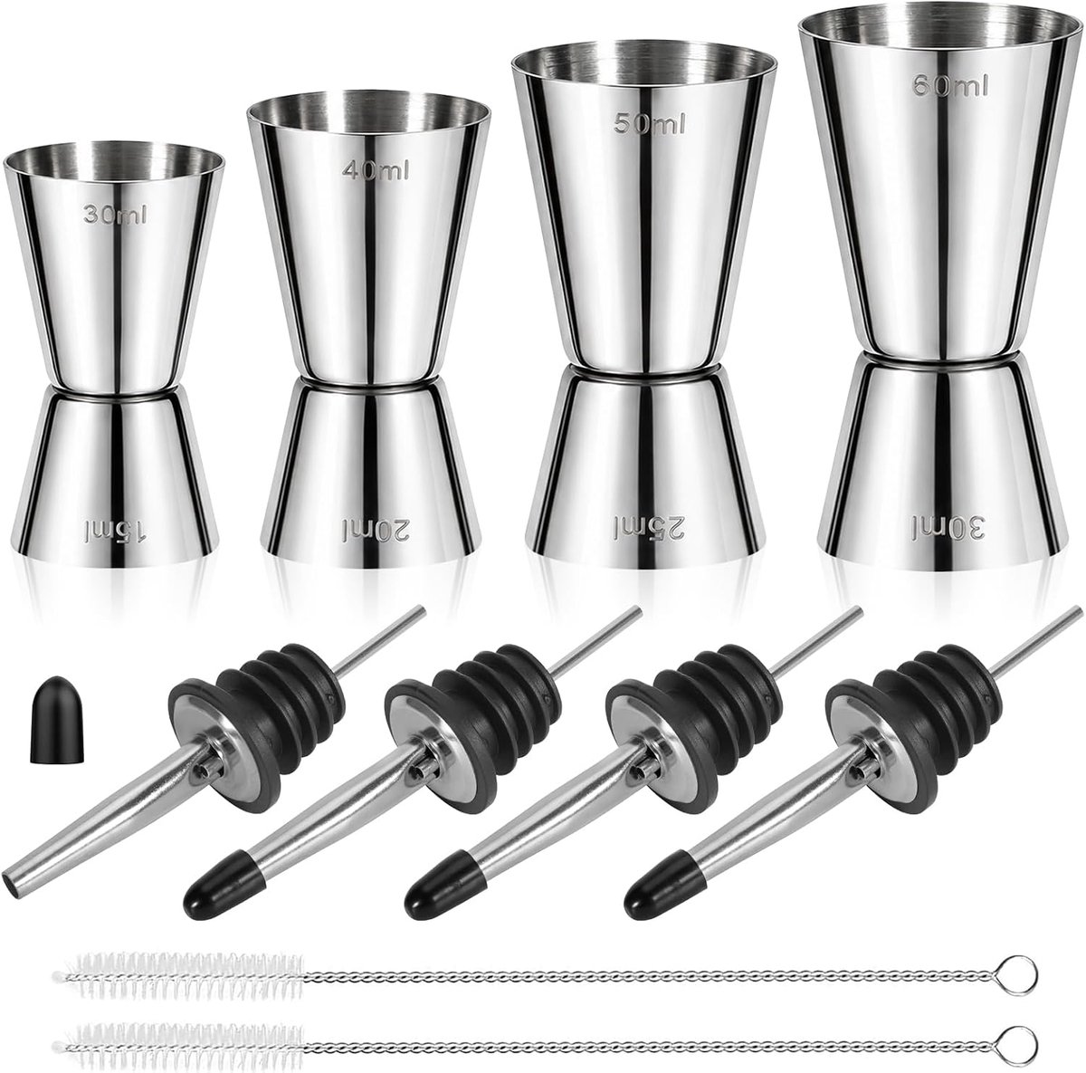 Maatbeker Cocktail Cocktail Jigger Roestvrijstalen Maatbeker 3 cl/4 cl/5 cl/6 cl, met 4 flessenschenkers en 2 borstels, voor bar, feest, wijn, cocktail, drank, shaker