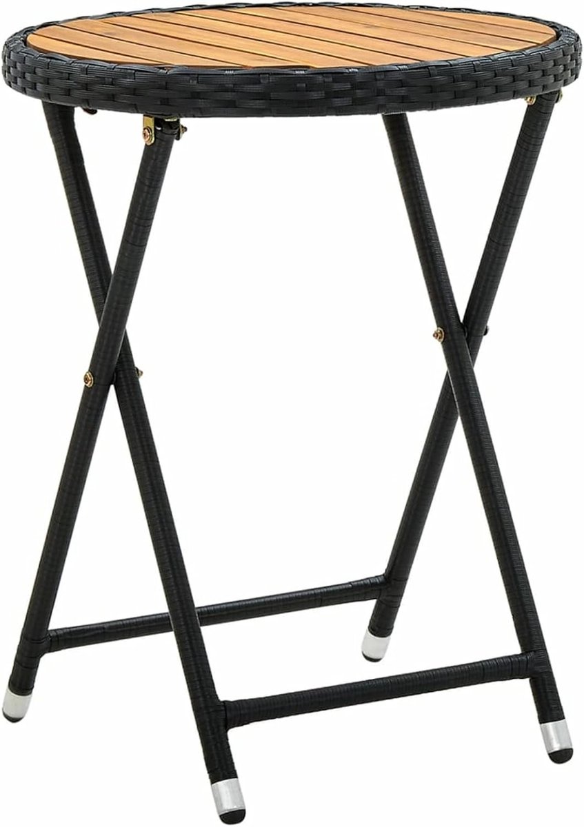Bijzettafel, balkontafel, tuintafel, terrastafel, houten tafel, bloemenstandaard voor binnen en buiten, polyrotan en massief hout, acacia, zwart, 60 cm