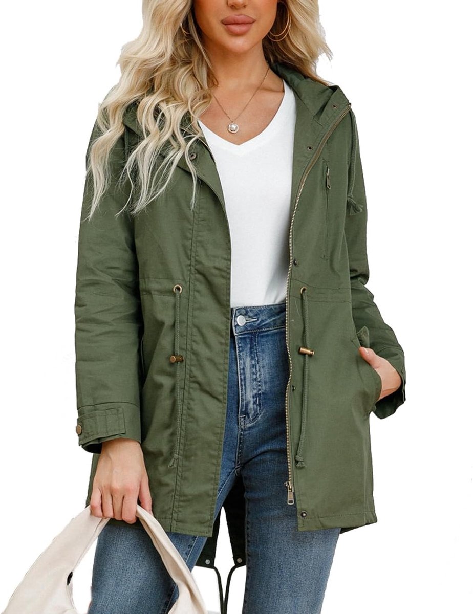 Casual Ligtweight Militaire Jassen Anorak Utility Hoge Taille Trekkoord Zip Up Hood Jas