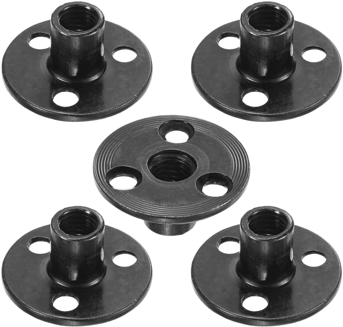 Set van 5 M10 x 17 mm T-groeven verzinkt koolstofstaal T-moer 3 gaten ronde basis lasmoeren doorgangsgat meubelbeslag flens inzetstuk binnendraad zwart