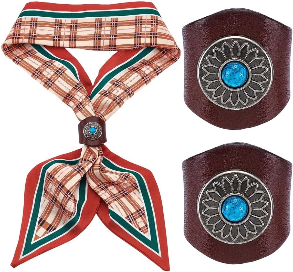 2 stuks Bruin Bloem PU Lederen Sjaal Ring Gesp Clip Western Vintage Bandana Halsdoek Clip Boho Zijde Sjaals Slide Gespen voor Vrouwen Mannen Kleding AC