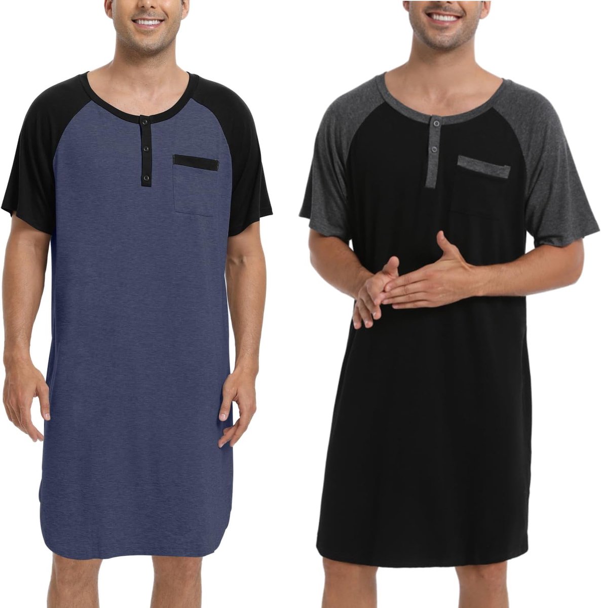 Nachthemd voor heren, pyjama-tops, T-shirt, knielang, V-hals, met knopen, korte mouwen, binnenkleding, zacht, comfortabel, grote maat M-4XL