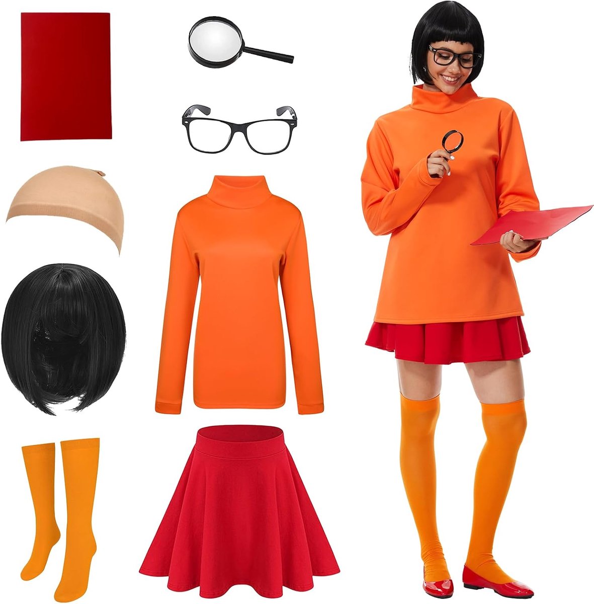 8-delige Halloweenkostuumset voor dames, klassieke film, rollenspel voor volwassenen, oranje, lang model, buikvrij bovendeel, rode rok met accessoires