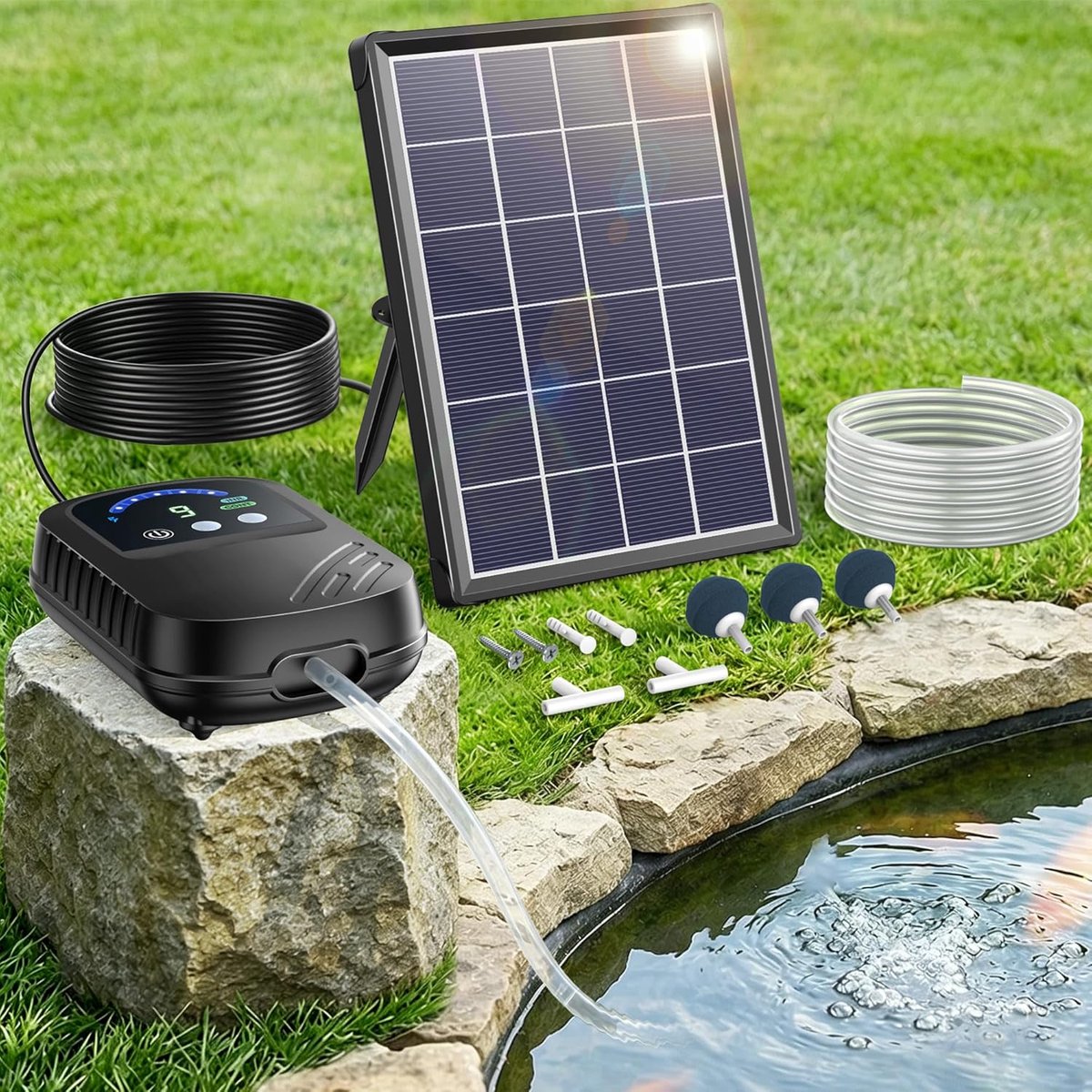 Vijverbeluchter op Zonne-energie, Zuurstofpomp met 4400 mAh Accu, 3 m Slang, IPX5 Stille Zonne-luchtpomp voor Tuinvijver, Regenwaterton, Hydrocultuur, Aquarium, Visvijver tot 800 l