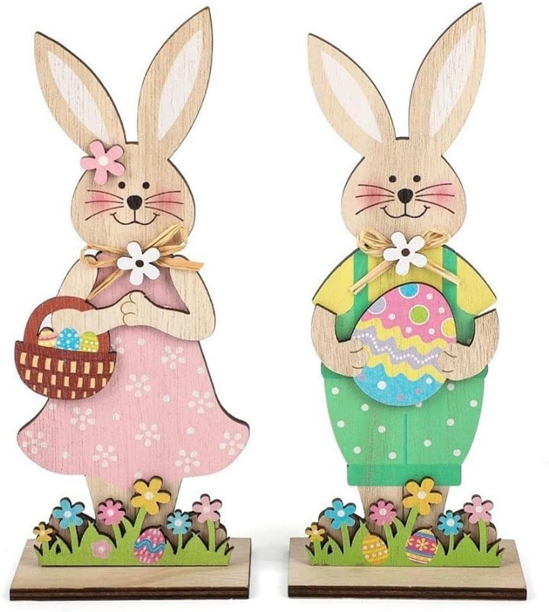 2 houten paashazen om neer te zetten, decoratieve standaard voor Pasen en tuin, afneembare haas met sokkel
