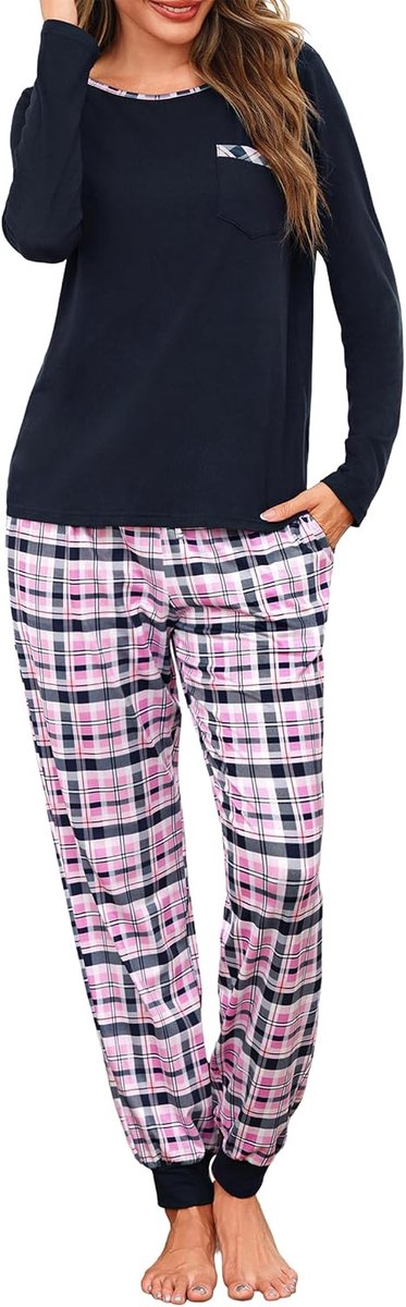 Damespyjama met lange mouwen, geruite pyjamaset, katoen