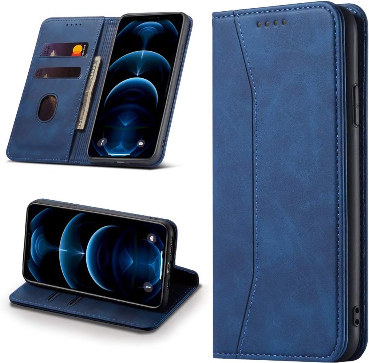 Hoesje voor iPhone 12/iPhone 12 Pro, [Premium PU-leerhoes] [klapdeksel] [kaarthouder] magnetische leer portefeuille Hoes Flip Case Telefoonhoesje voor iPhone 12/iPhone 12 Pro - blauw