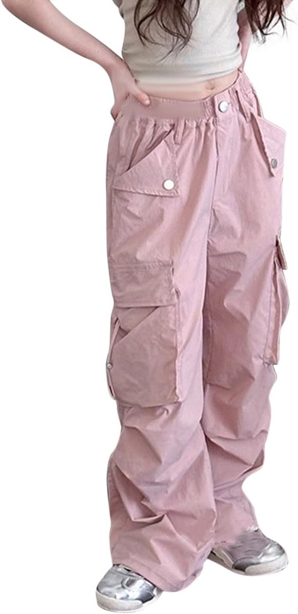 Broek voor meisjes, kinderen, cargo, katoen, elastisch, hoge taille, vloeiend, sport, casual, chic, wijde broek, jeans, lente, zomer, A10