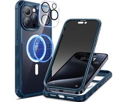 Seacosmo Inkijkbescherming hoes voor iPhone 15 Pro, anti-spy Hoesje, 360 graden beschermhoes, stootvaste case met 9H HD privacy pantserglas en camerabeschermfolie, Blauw
