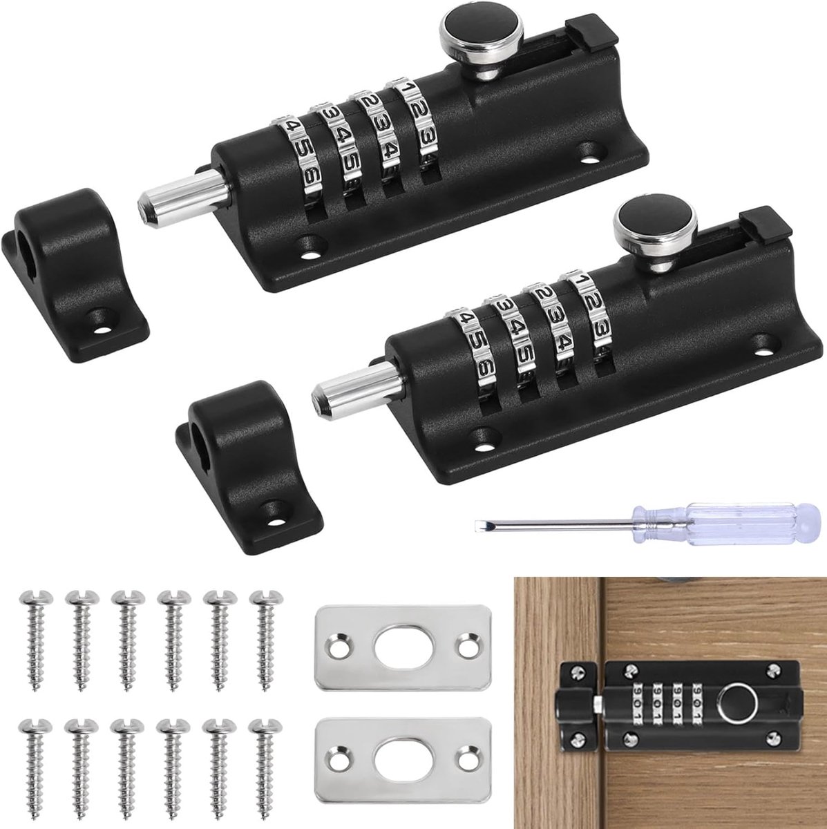 Deurgrendel met Cijferslot 2 Stuks, 4-Cijferige Combinatieslot 120 mm, Sterke Poortgrendel voor Schuur, Tuin, Garage en Kluisje (Zwart)