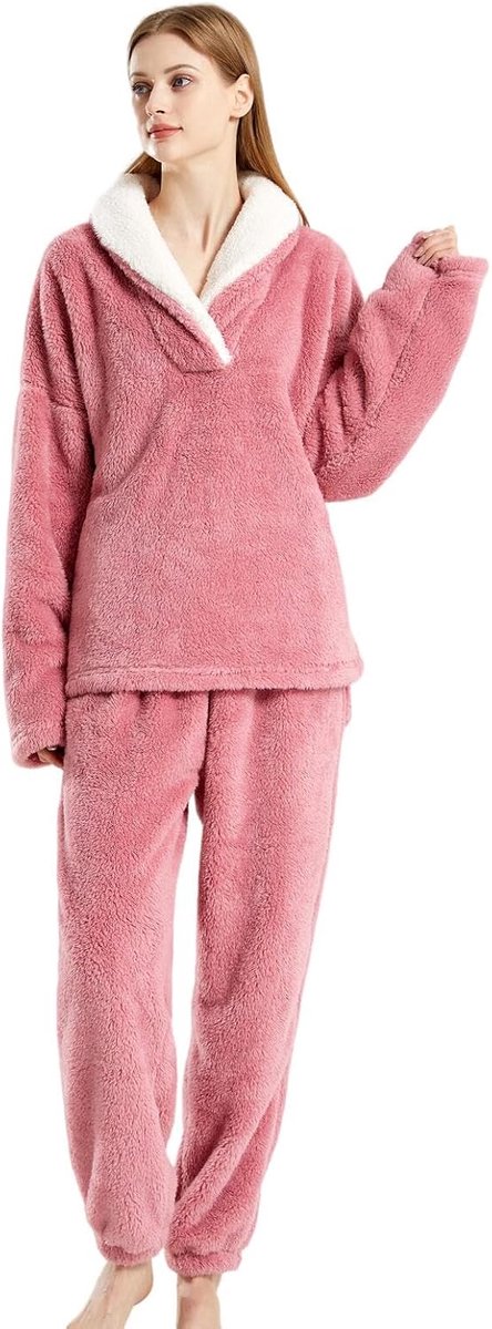 Winter Pajamas Women'S Coral Fleece Thickened Lapel Set,Soft Comfortable Loungewear,Stylish And Warm Pajamas-C-L