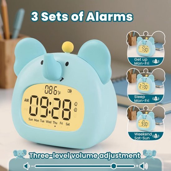 3-in-1 digitale kinderwekker - Draadloze slaaptrainer en dimbaar nachtlampje - USB-C oplaadbaar met snoozefunctie - BPA-vrij - Week/weekendalarm voor jongens en meisjes - Olifant — afbeelding 3