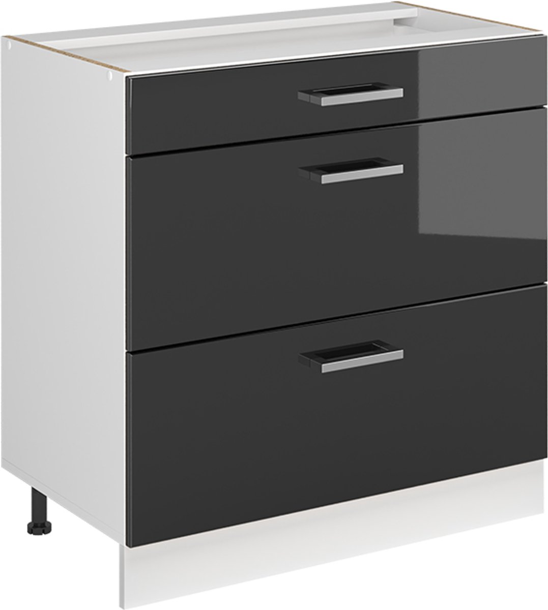 Vicco Keukenonderkast R-Line, Antraciet Hoogglans/Wit, 80 cm met 3 laden zonder werkblad