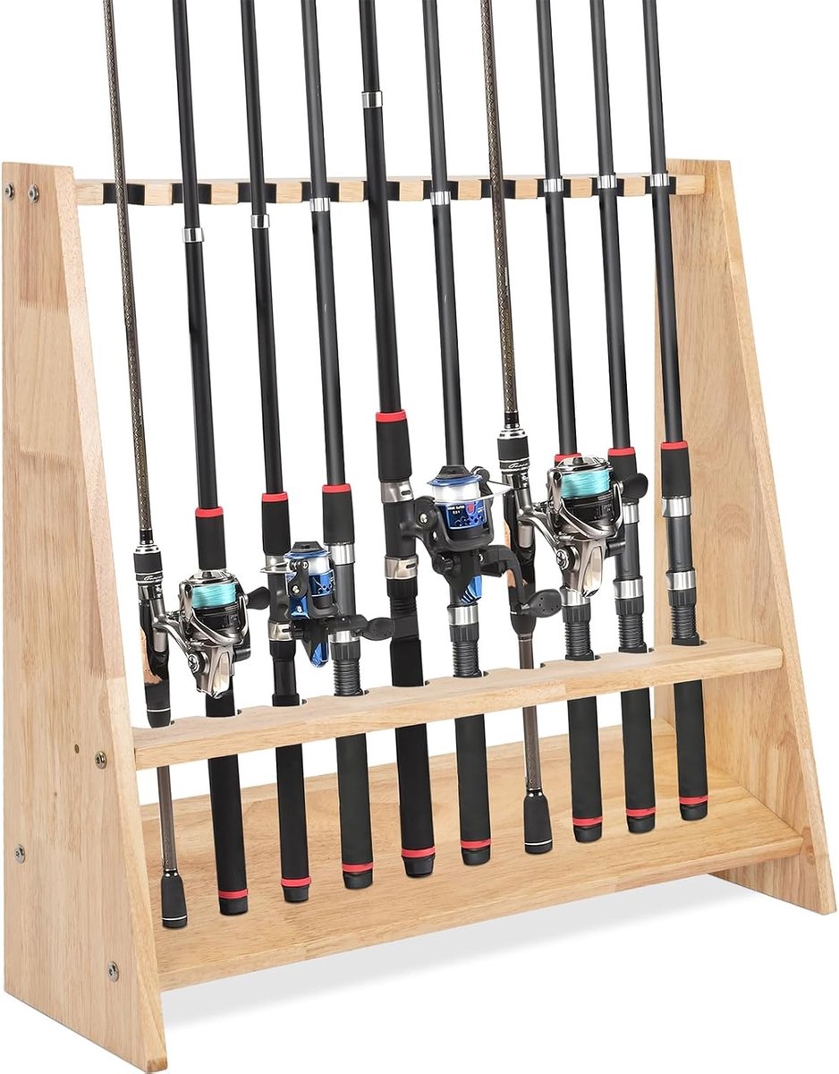 Houten hengelstandaard met 10 houders en montagemateriaal - 60 x 18 x 58 cm, ideaal voor vissers
