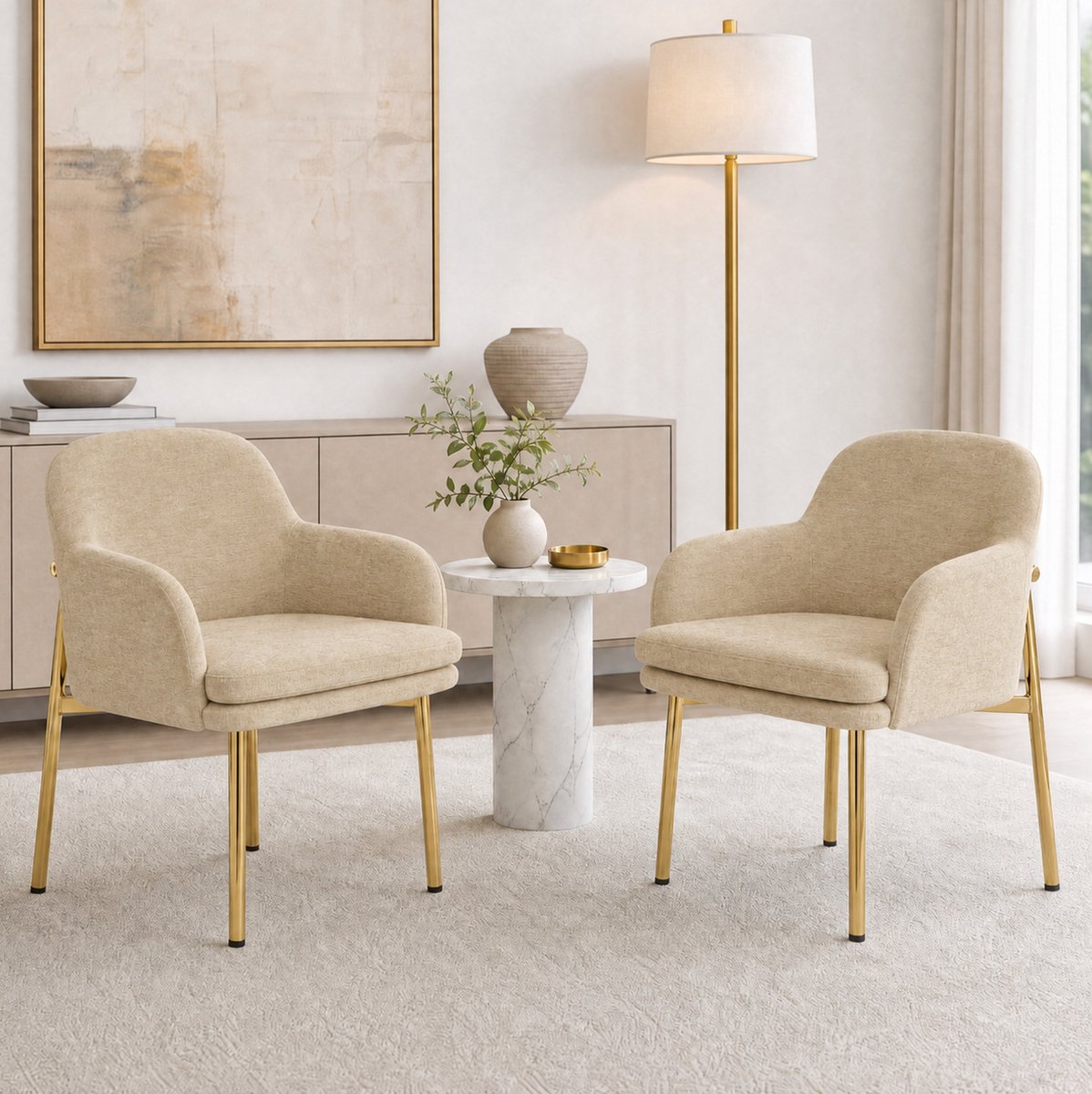 FloraGrace Eetkamerstoel 61 x 59 x 78,5 cm - Set Van 2 Met Armleuningen - Voor Eetkamer En Keuken - Metaal En Stof - Bruin Goud Beige