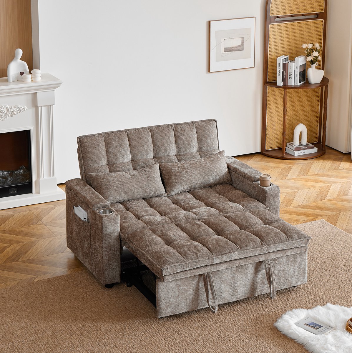 FloraGrace Slaapbank 142 Cm - 3-In-1 Met Ligfunctie, Opbergruimte En Bekerhouders - Voor Woonkamer Of Logeerkamer - Chenille - Bruin