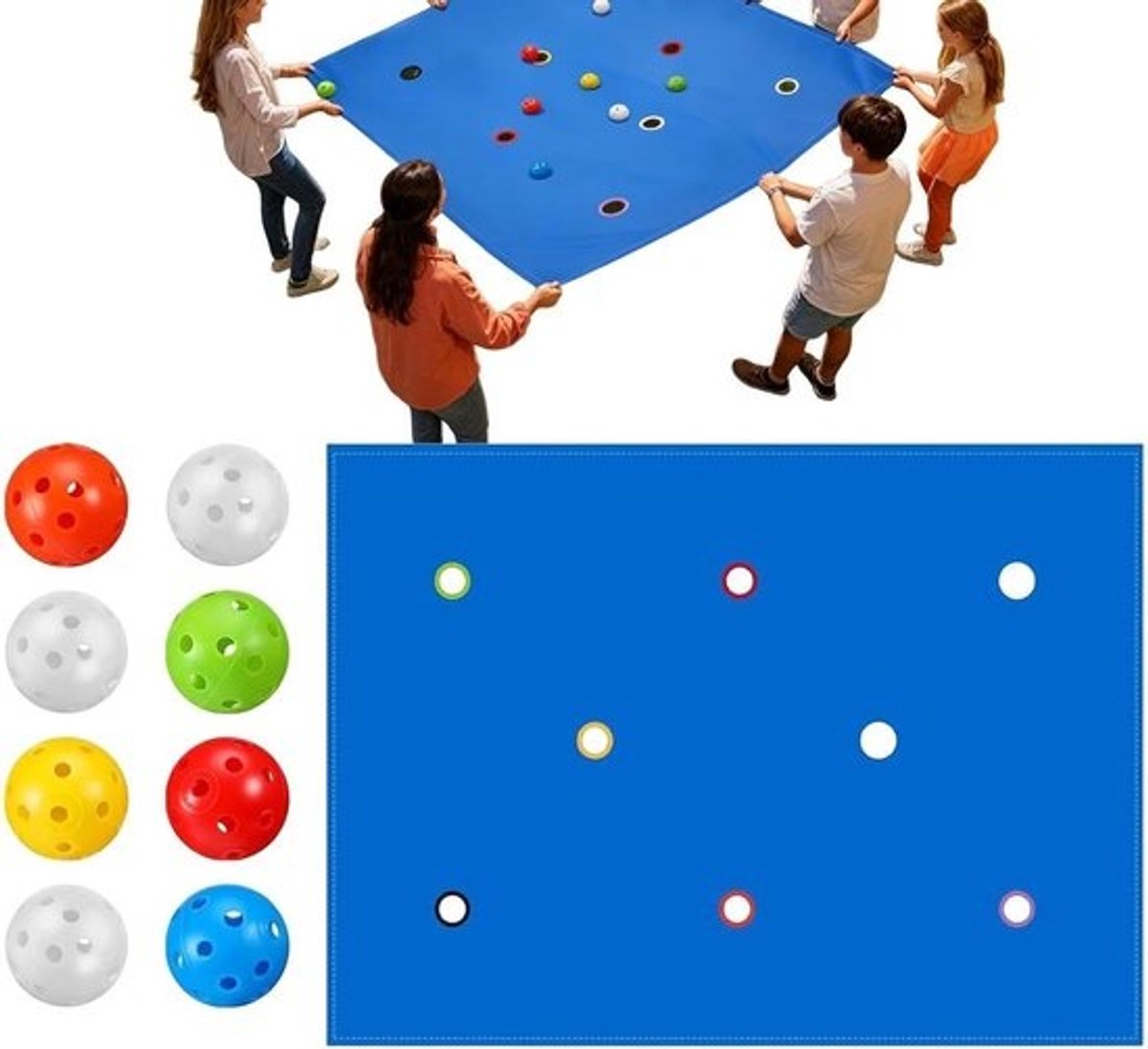Teambuildingactiviteitenset - Groepsspel - Samenwerking verbeteren - Interactief gatenzeil - 200x145cm - Blauw