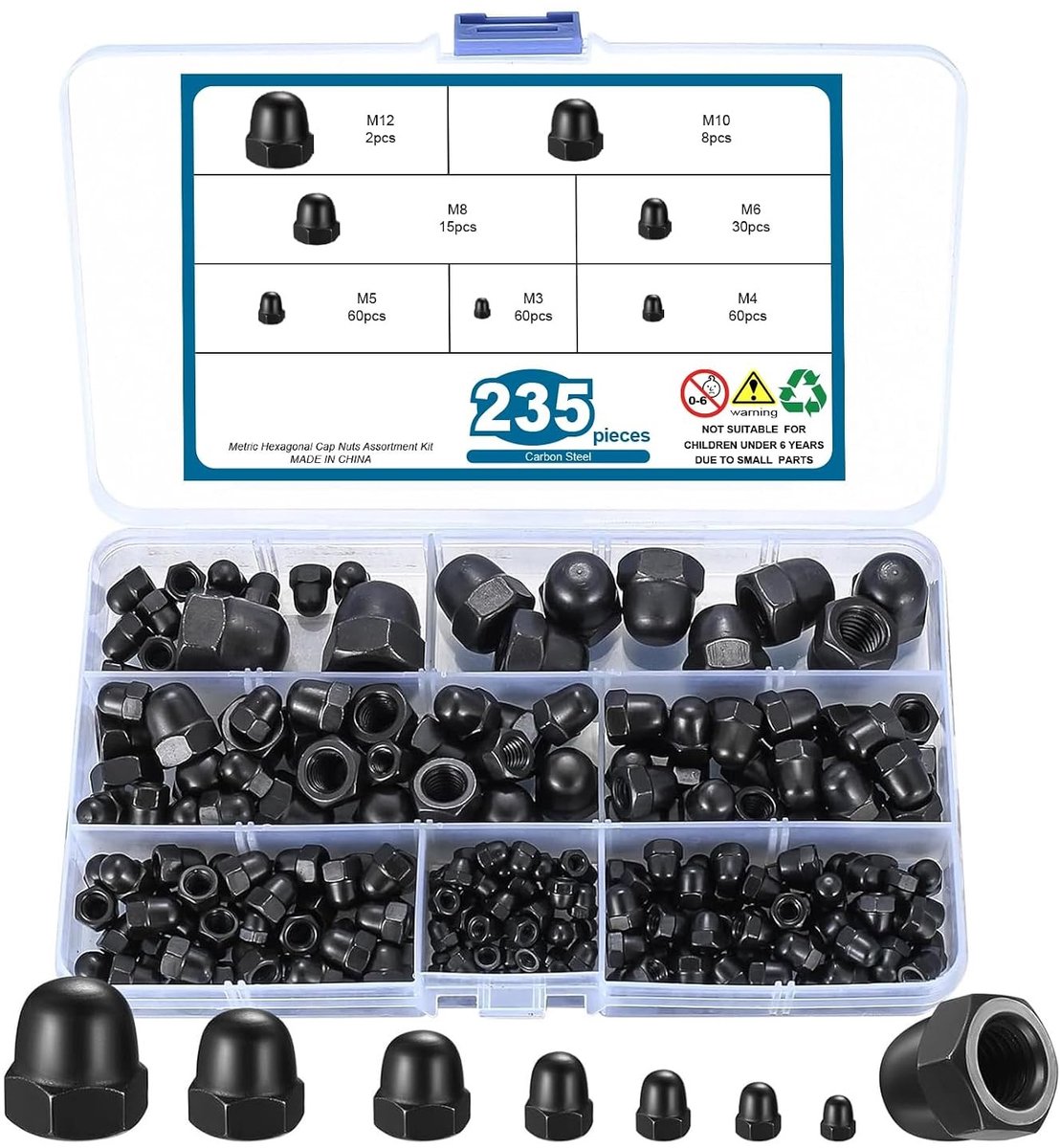 235-delige Carbon Stalen Hex Socket Moeren Set - M3/M4/M5/M6/M8/M10/M12 Draadmoeren voor Diverse Toepassingen