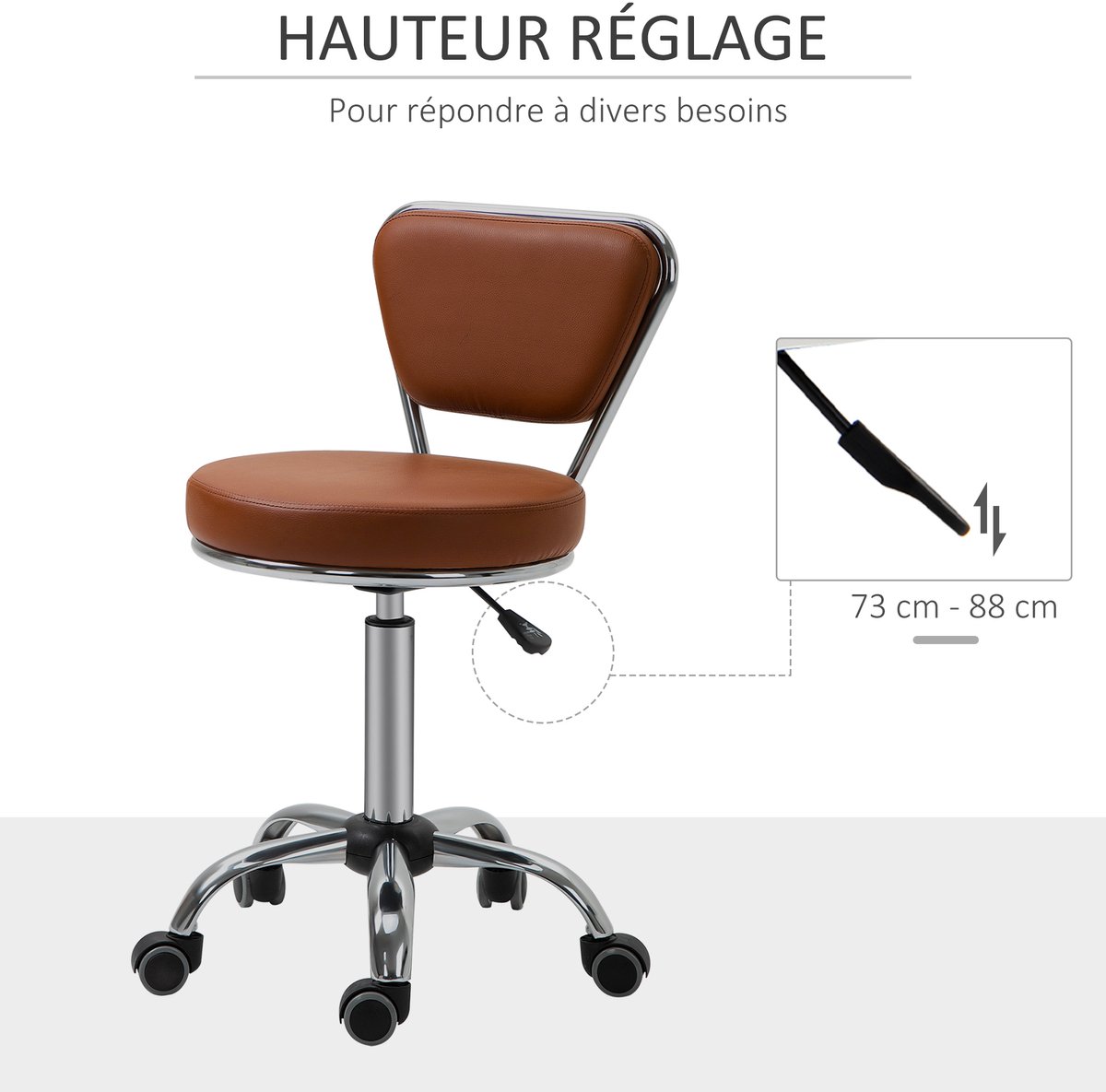 Salonkruk - in hoogte verstelbaar 49-64 cm, 360° draaibaar, met rugleuning, op wielen, voor salon en massageruimte