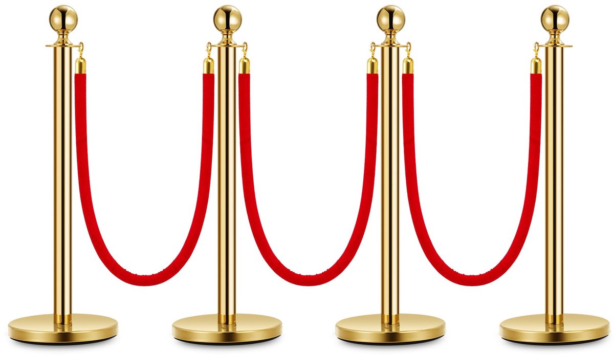 Triumpunpre - Gouden Afzetpalen Set Met Fluwelen Rood Touw - RVS Wachtrijpaal Voor Evenementen, Bruiloften, Hotel En Rode Loper - 4-Pack | 3 Fluwelen Koorden