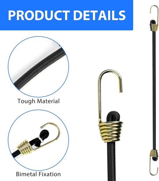 Pack of 10 Elastic Bungee Cords with Hooks, Adjustable 24 cm, Mini Sandow Tarpaulin, Rubber Tarpaulin, Robust Tension - ShopVlot — afbeelding 2