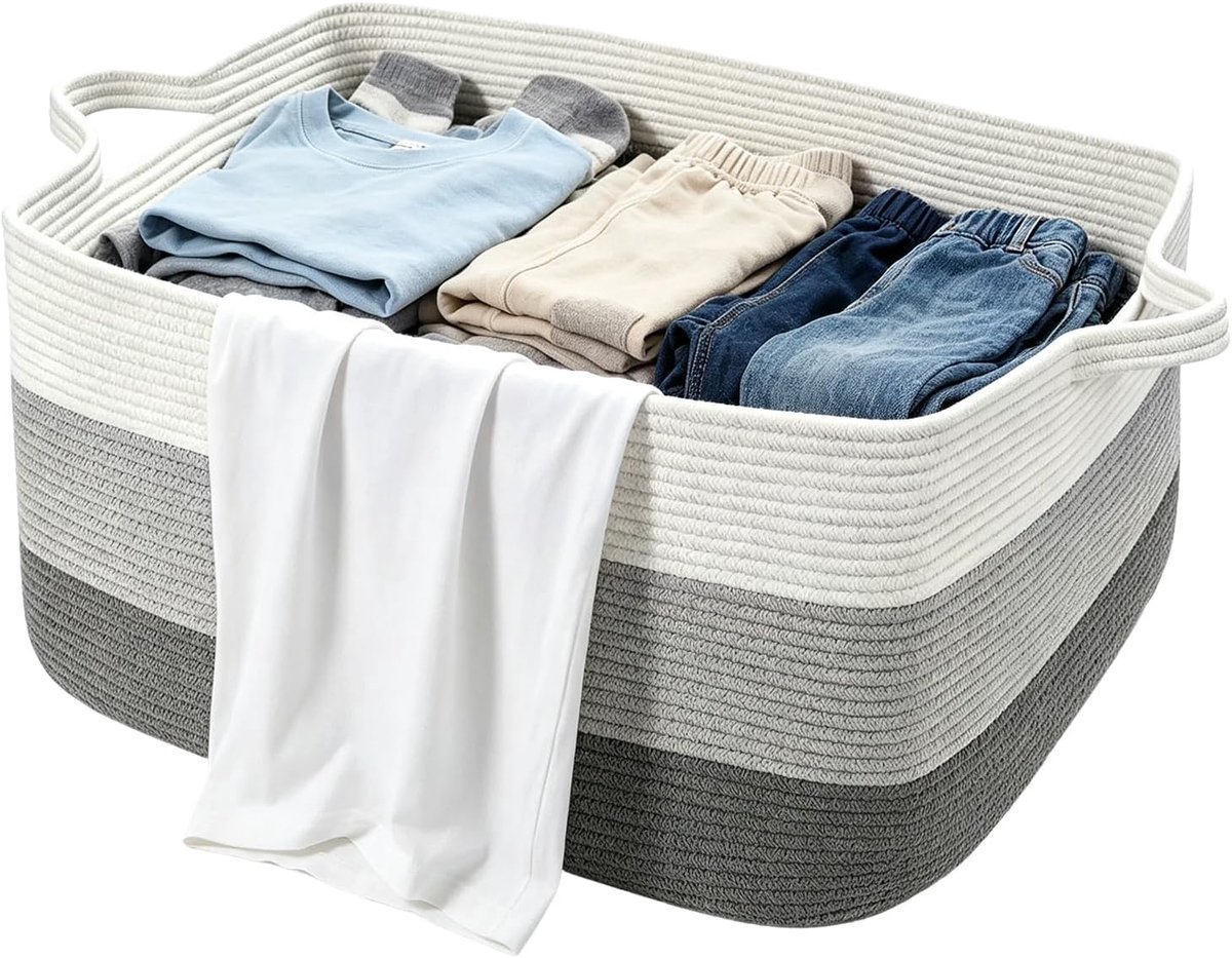 Opbergmand voor woonkamer, wasmand, gevlochten van katoenen touw, wasmand gevlochten met handgrepen, mand opslag voor dekens, kussens, gastendoekmand, bruin en zwart (grijs en wit)