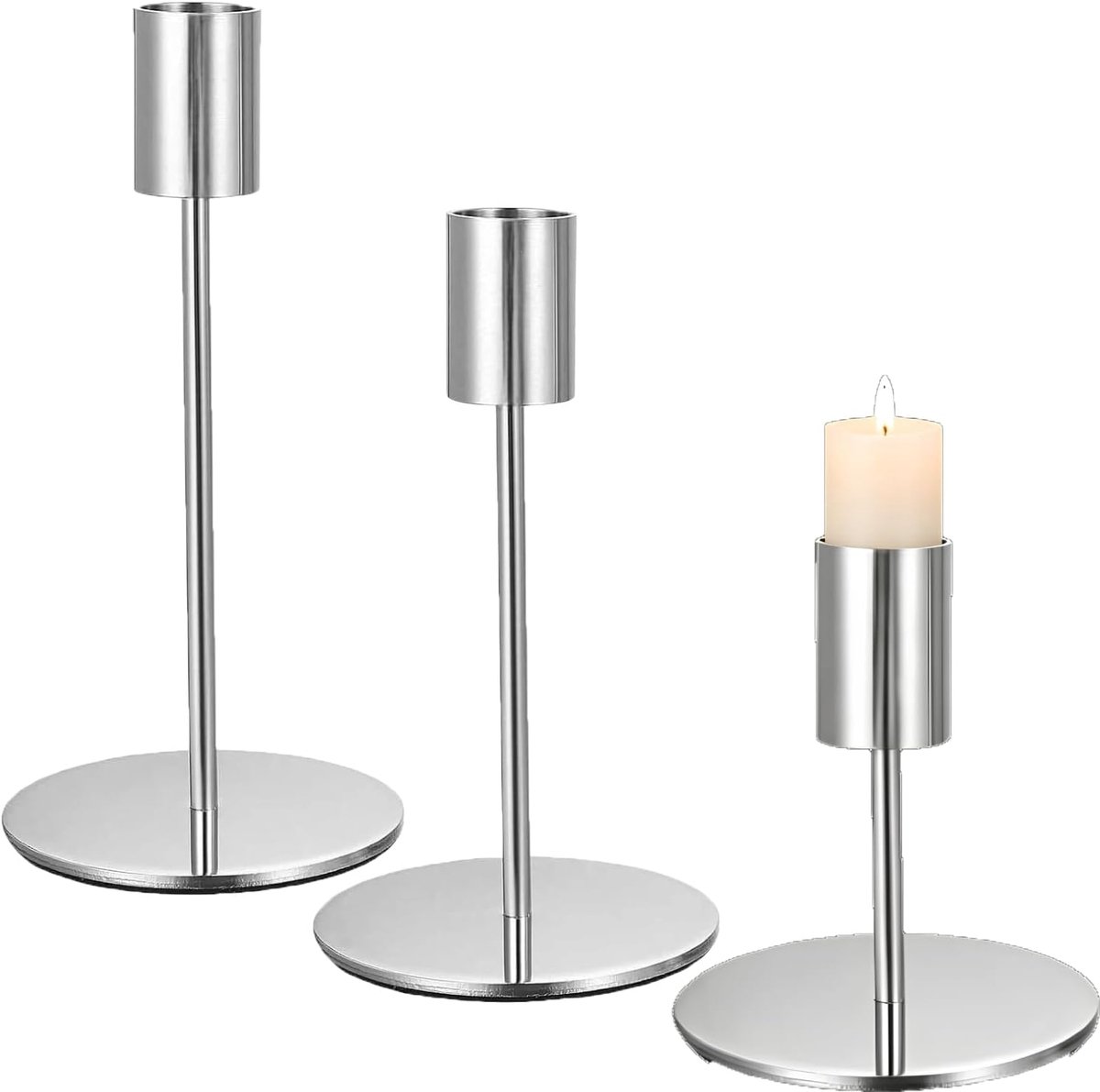 3 stuks, kandelaars van metaal, kandelaar, staafkaars, kandelaar, stompkaarsen, gebruikt voor woonkamer, verjaardagsdiner, jubileum, coming-of-age-ceremonie, open haarddecoratie, zilver