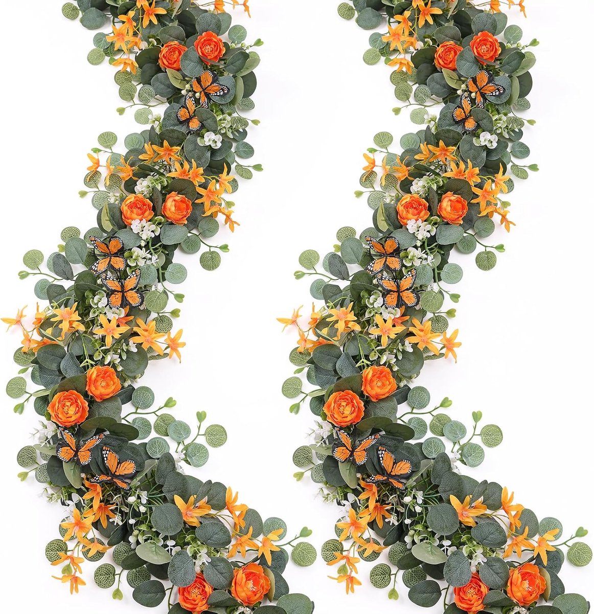 Kunstbloemenslinger, eucalyptus, slinger met vlinders, bloemen, slinger, decoratie, zijden bloemen, slinger, kunstbloemen, hangend voor bruiloftsboog, party, huis, tuin, decoratie