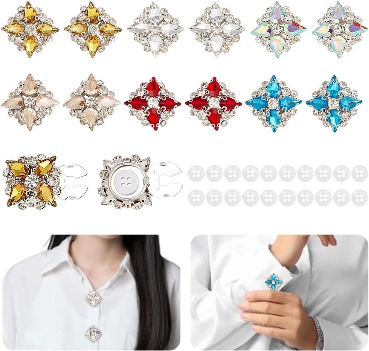 Knopen Covers 6 Kleuren Strass Bloem Knop Covers Kleurrijke Kristal Sprankelende Knoppen Cover Metalen Bloem Manchetknoop Kledingstuk Accessoires voor Shirts Blouses