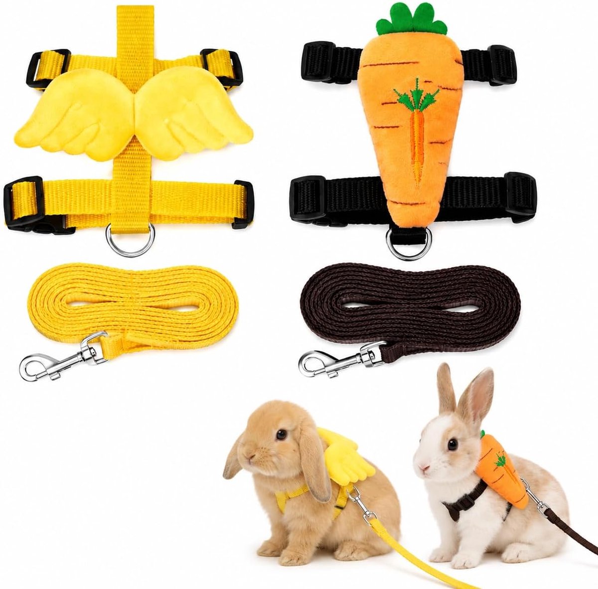 2 x konijnenharnas met riem, set met wortel- en engelenvleugelhangers, zacht en licht, ideaal voor dwergkonijnen, katten en cavia's van 1-2,5 kg