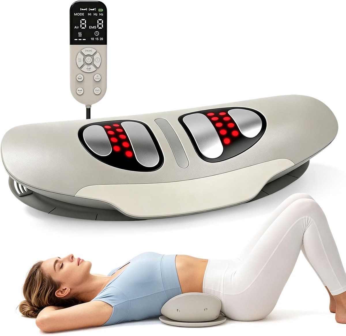 Rugmassageapparaat, EMS-massage, elektrische rugstrekker met dynamische airbag-tractie, warmte, vibratiemassage, rood-blauw-paars-licht voor lendenontspanning en rugverlichting
