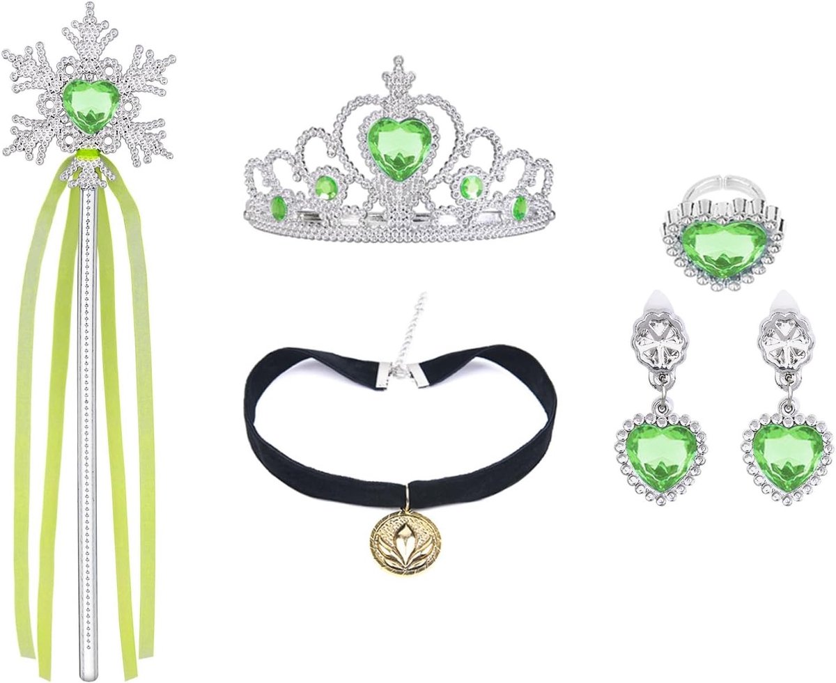 Set van 5 Anna Kostuumaccessoires met Kroon, Toverstaf, Ketting, Groene Oorbellen en Ring voor Feestdagen, Verjaardagen en Cosplay
