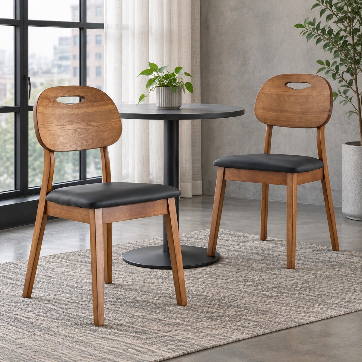 REDOM Eetkamerstoelen set van 2 - Ovale rugleuning met draaggreep - Gewatteerde kunstleren zitting - Schuine vierpoot - Hout - Zwart - 50 x 42,6 x 88 cm