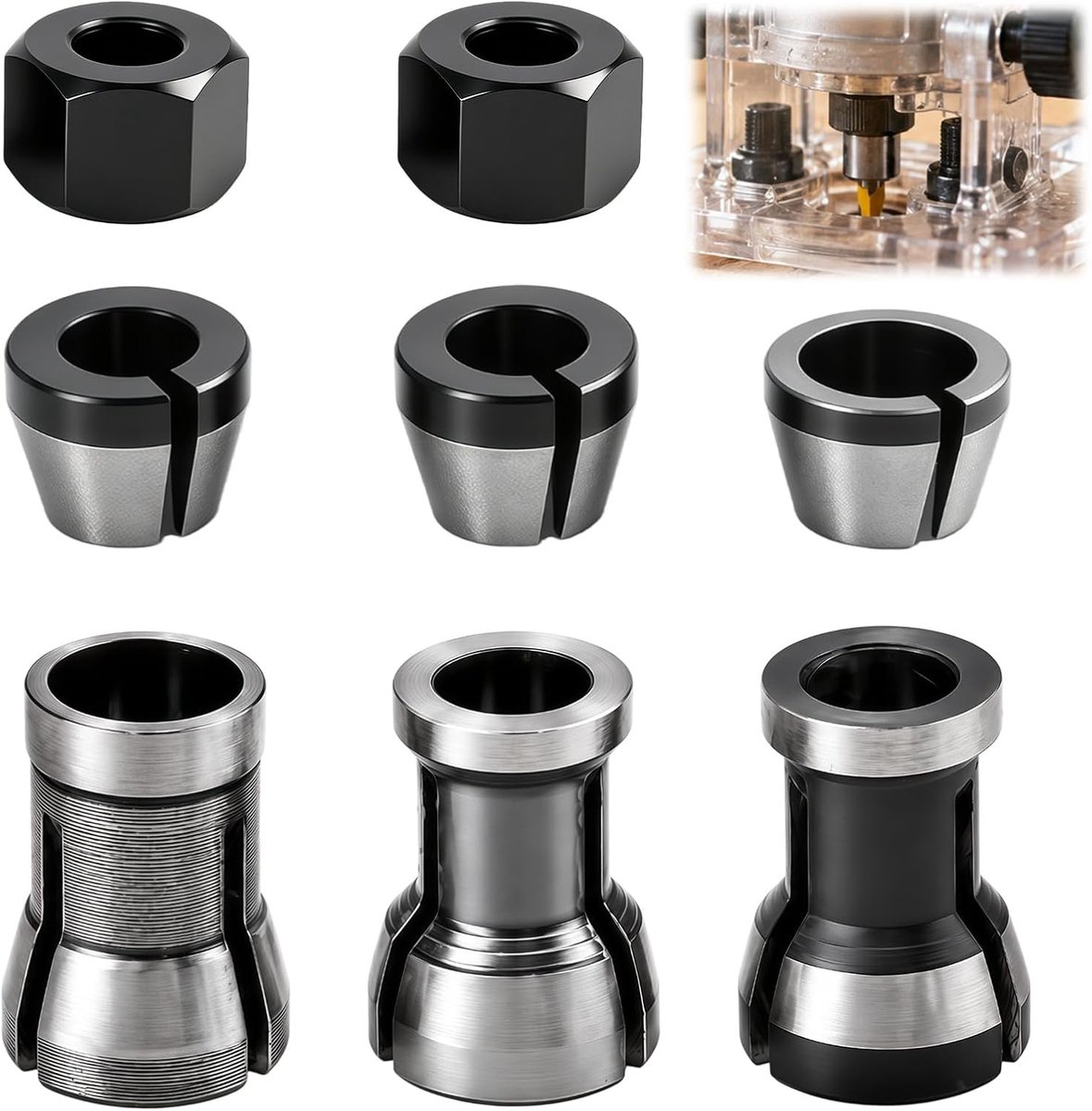 8-delige spantangenset voor bovenfrees, bovenfrees, spantangadapter, spantangadapter, accessoires geschikt voor Einhell, gebruikt voor graveermachine, houtfrees, trimmen