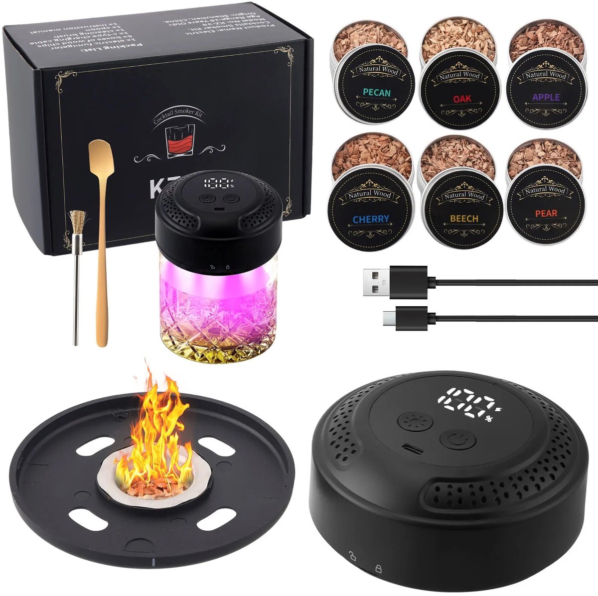 Cherrys Finds - Whiskey Smoker - Oplaadbare Whiskyrookset - Elektrische Cocktailrookset - Whisky Smoker Set - Cocktail Smoker Kit - Ingebouwde Aansteker - Rooksmaak - Houtsnippers - Baraccessoires - Cadeau voor Mannen - 6 Smaken
