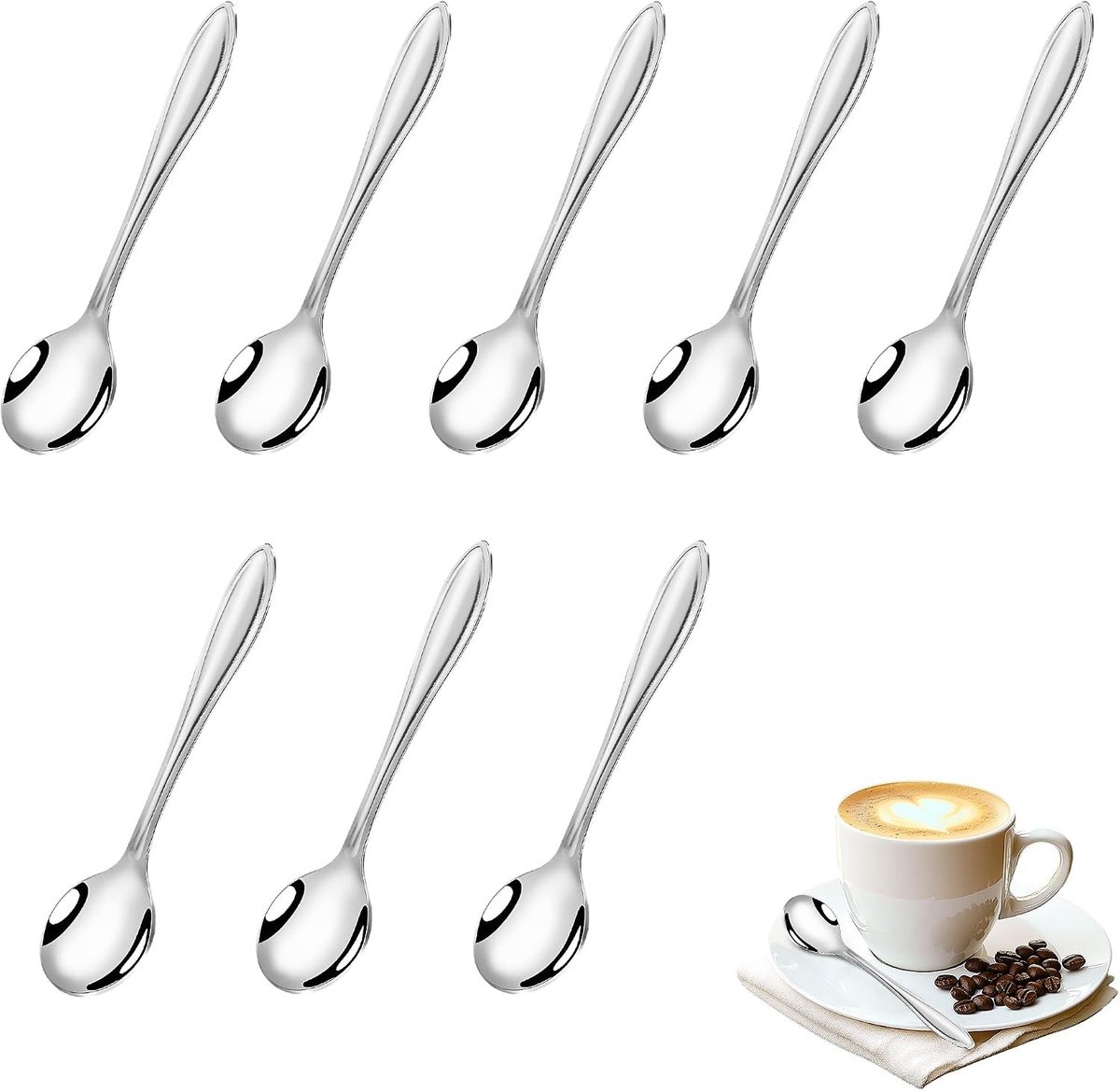 Set van 8 Mini Koffielepels van RVS - Perfect voor Espresso, Thee en Dessertgebruik