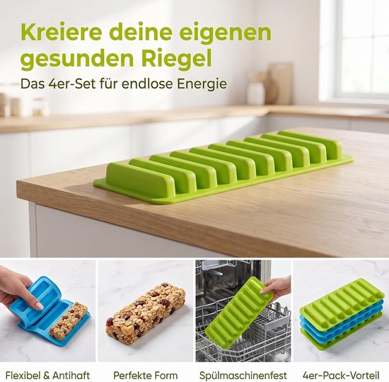 Bevat: u ontvangt 4 stuks mueslirepen vorm siliconen vorm, 10 holtes antiaanbaklaag bakken rechthoekige siliconen vormen, groen, blauw — afbeelding 2