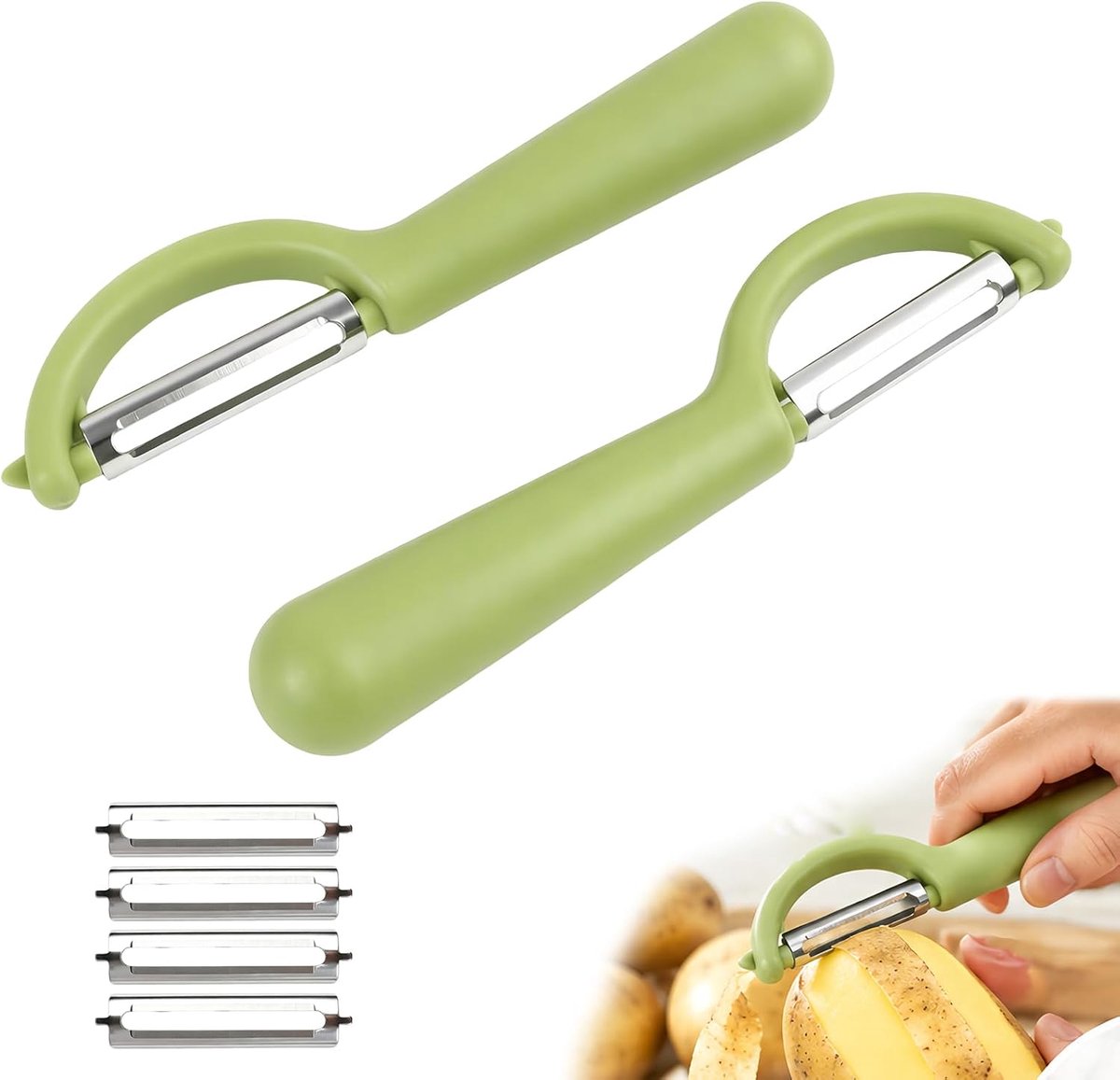 2 stuks universele dunschiller met 4 reservemessen, universele dunschiller voor aardappelschiller, P dunschiller voor groenten en fruit, vaatwasmachinebestendig, gemakkelijk draagbaar, voor keuken