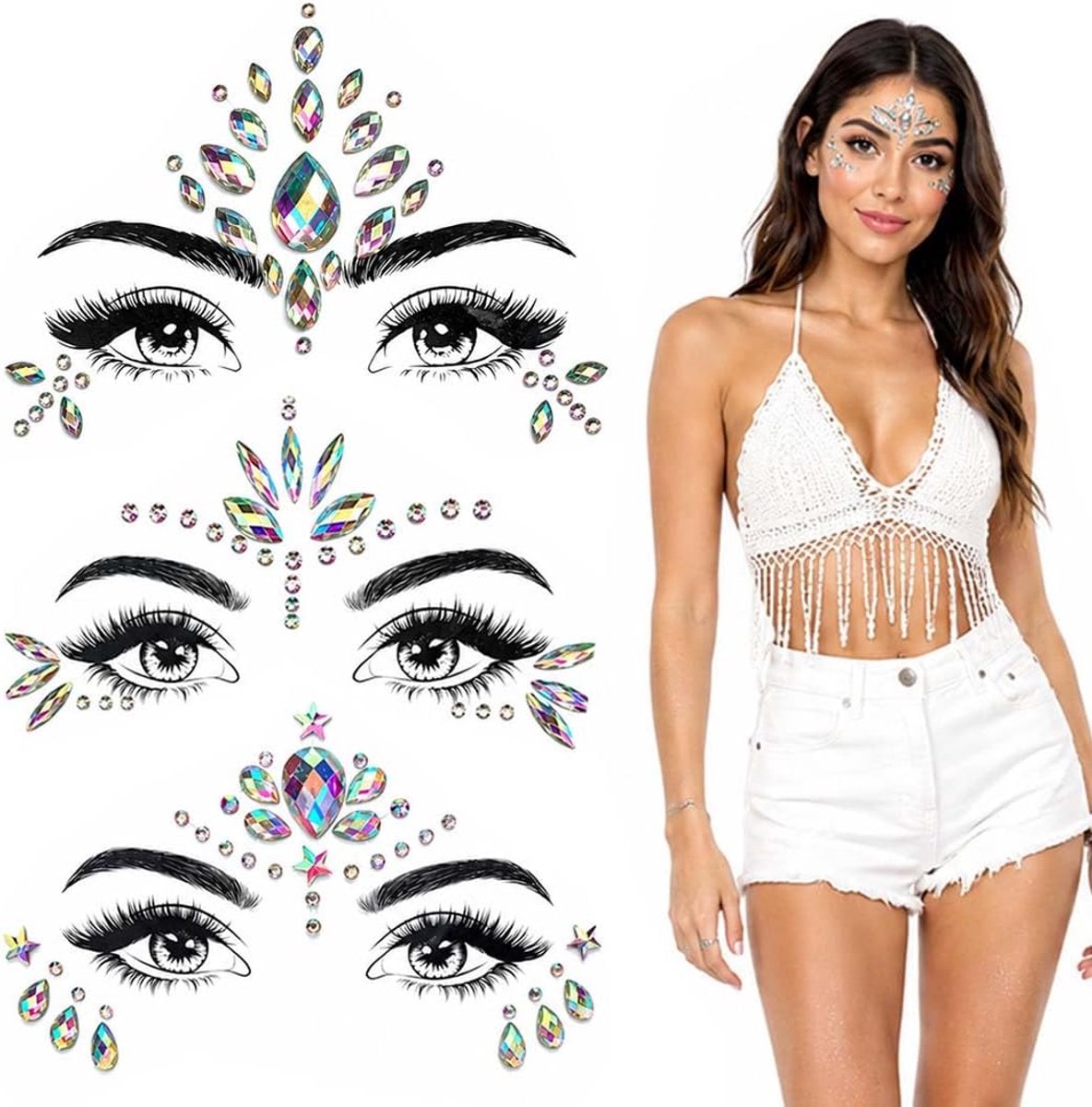 3 vellen glitter steentjes gezichtstickers zelfklevend tijdelijke tattoo voor carnaval feesten