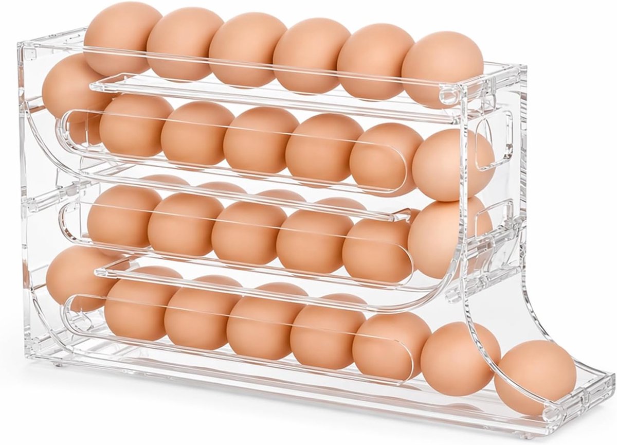 Eierhouder voor Koelkast met 4 Niveaus en Ruimte voor Circa 30 Eieren, Automatische Eierdispenser met 7° Hellende Banen, Transparant en 7 cm Breed, Koelkast Organizer voor Plank of Aanrecht