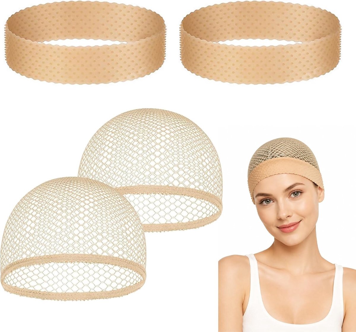 2 stuks pruik cap, met 2 stuks antislip siliconen band, elastisch net voor pruiken, zachte kap voor krullend haar en pruiken voor dames