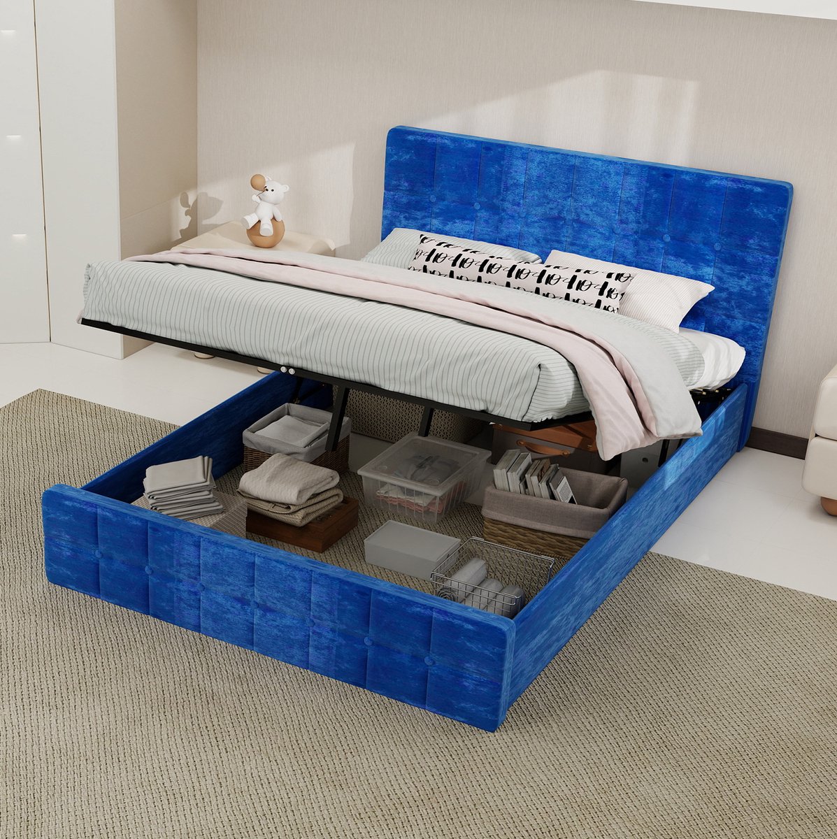 REDOM Bedframe - Blauwe fluwelen bekleding - Geïntegreerd hoofdbord met rasterstiksels - Opbergruimte - Moderne stijl - Slaapkamer - Stof - Blauw - 218 x 140 x 133 cm